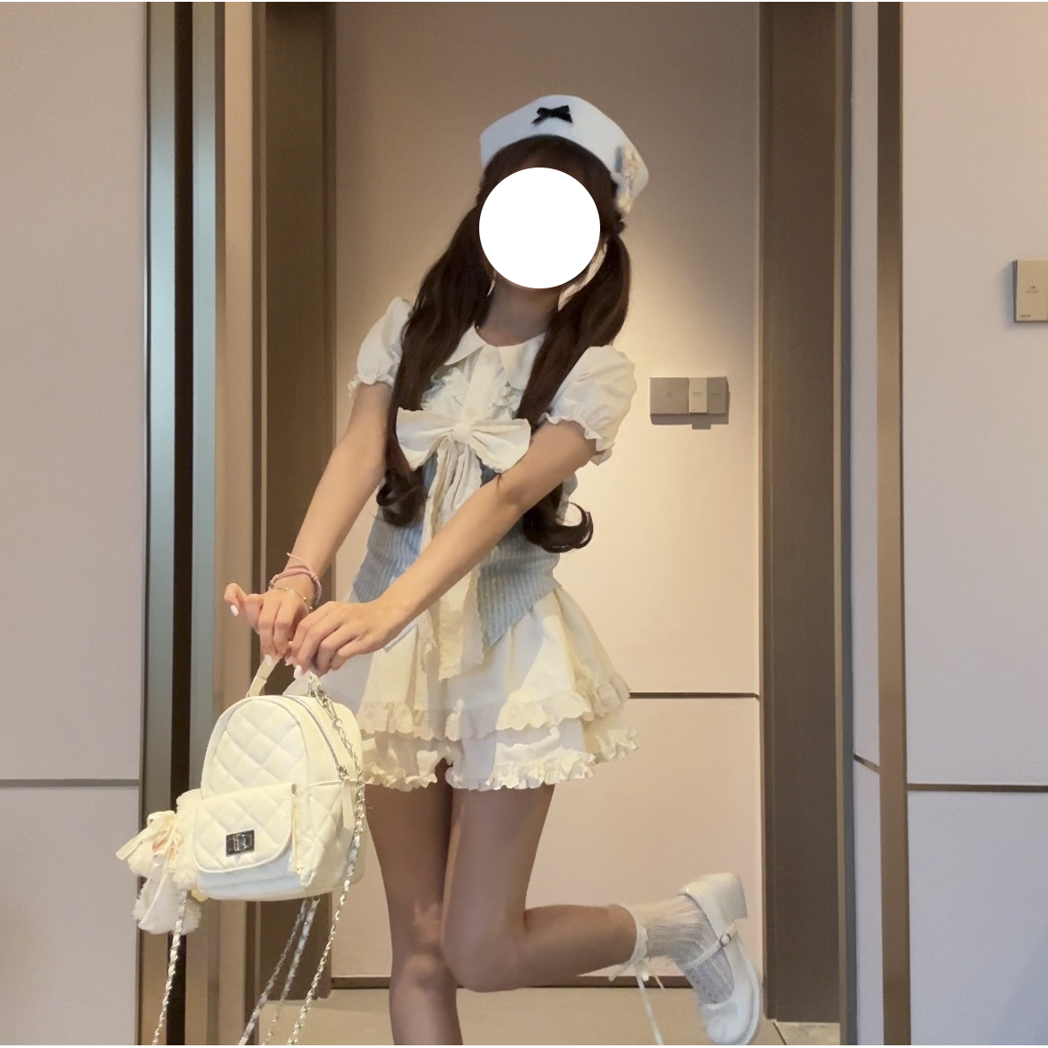 桔梗house薄荷奶糖现货甜美奶油风大蝴蝶结泡泡袖衬衣花苞短裙