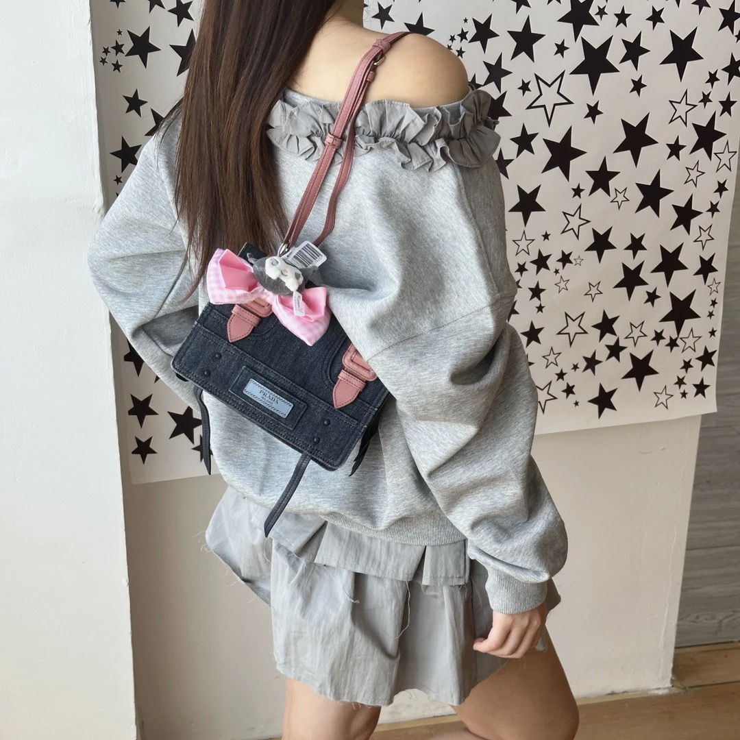 95新 Prada/普拉达 只盒/牛仔拼粉色超稀有mini剑桥邮差2ways包