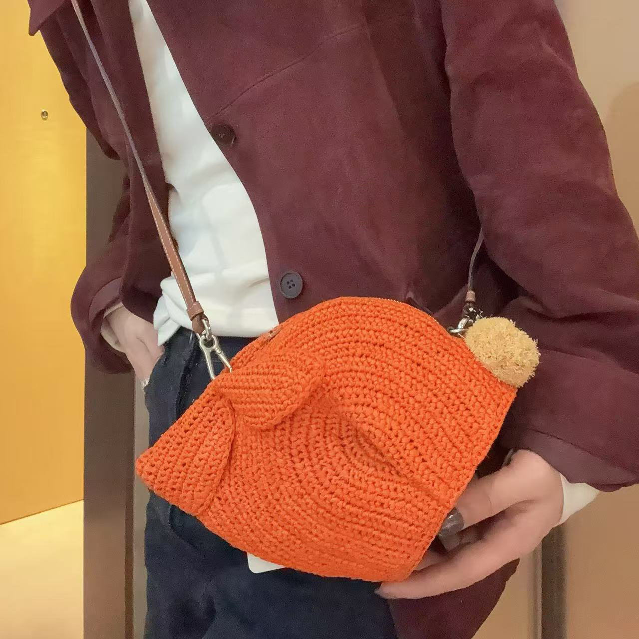 95新 LOEWE/罗意威 【蕾】 2PW008 橘色草编小兔子单肩包