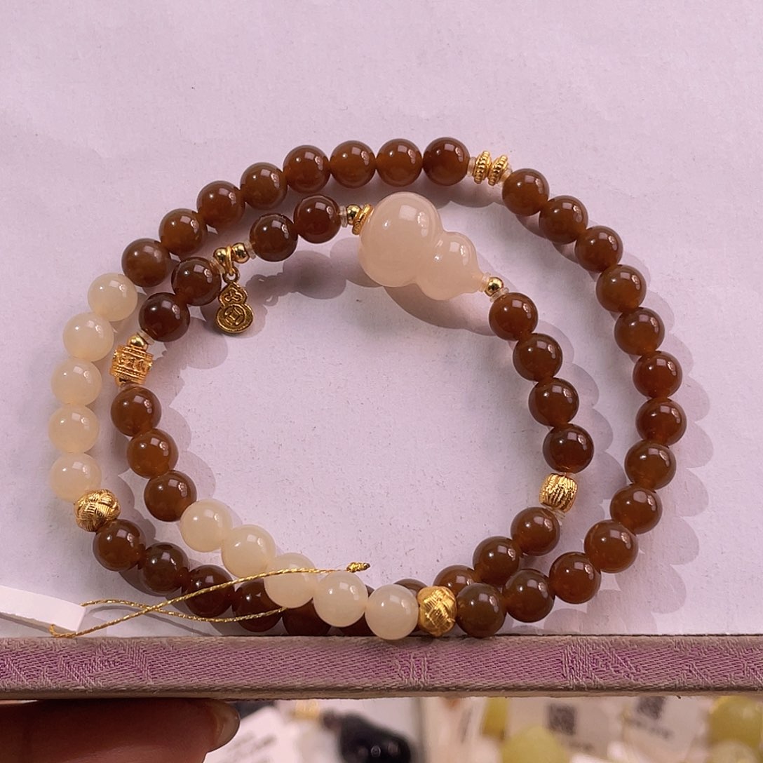 银S925镀金镶嵌手串和田玉新疆且末糖设计款双圈手串