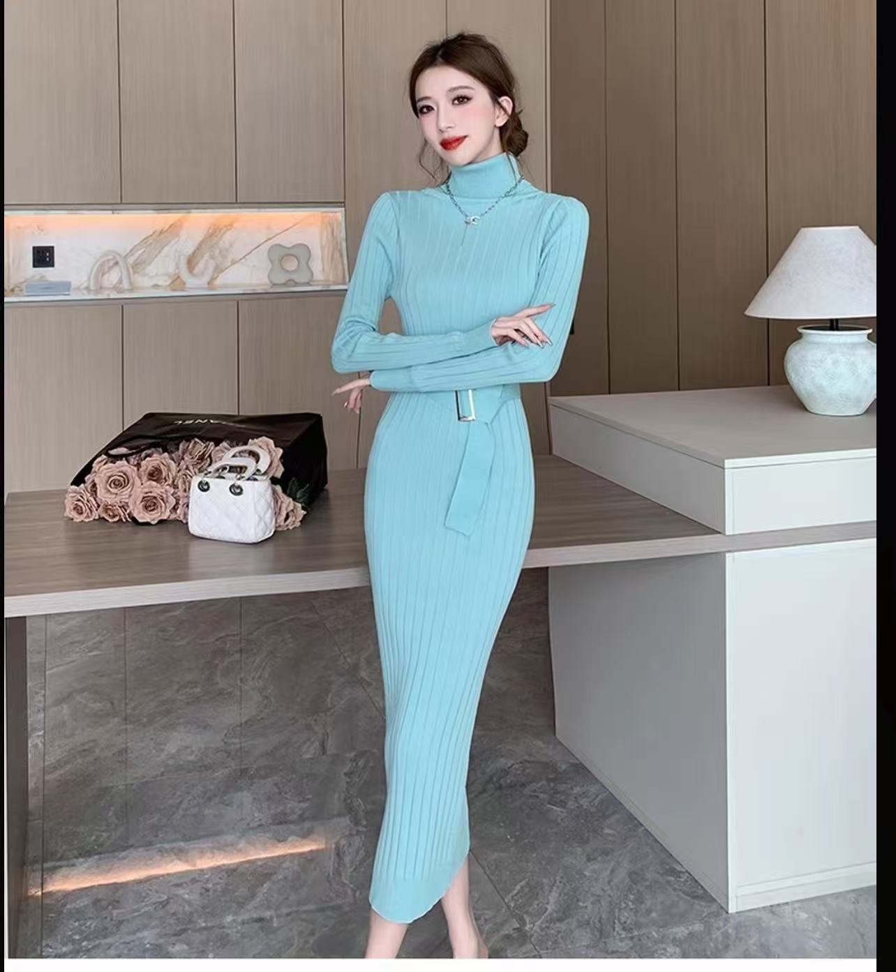 高领毛衣秋冬打底连衣裙女神气质高腰高弹力显瘦紧身气质针织长裙
