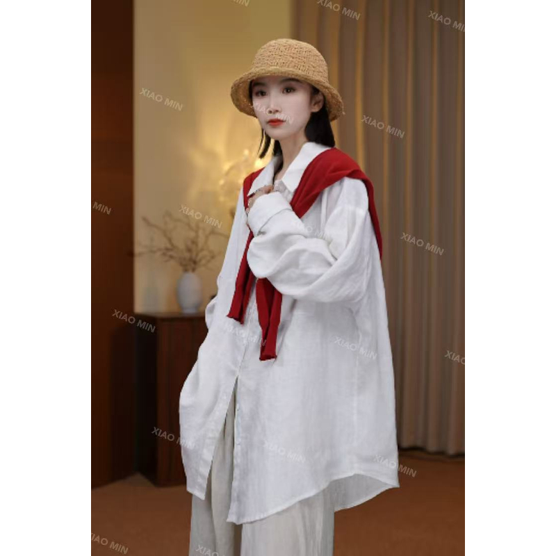 2025秋季新款100%雨露亚麻纯色口袋长袖简约休闲衬衫女2527
