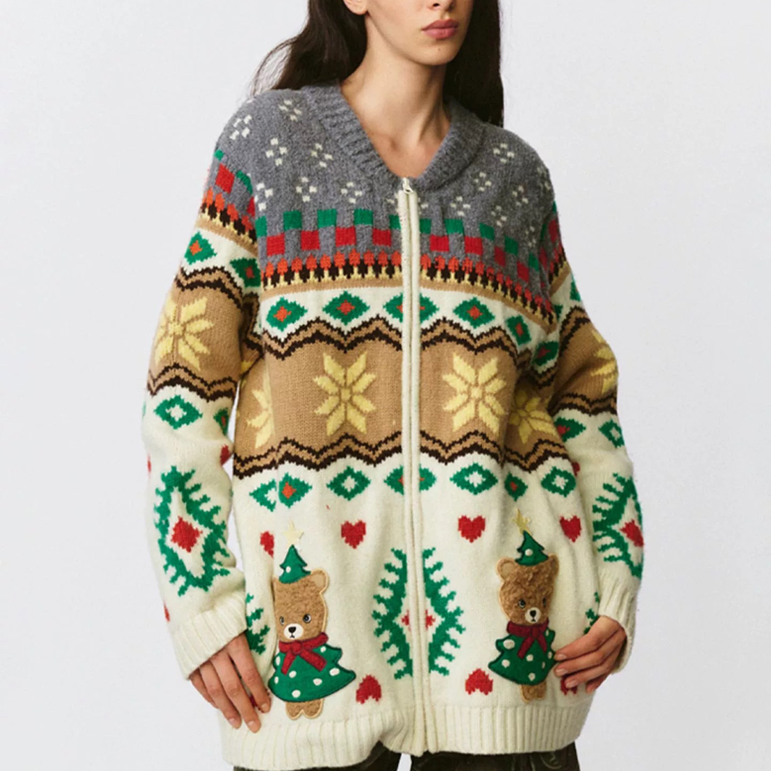 现货正品FOR蝶25秋冬新款圣诞小熊拉链毛衣宽松毛织开衫外套女