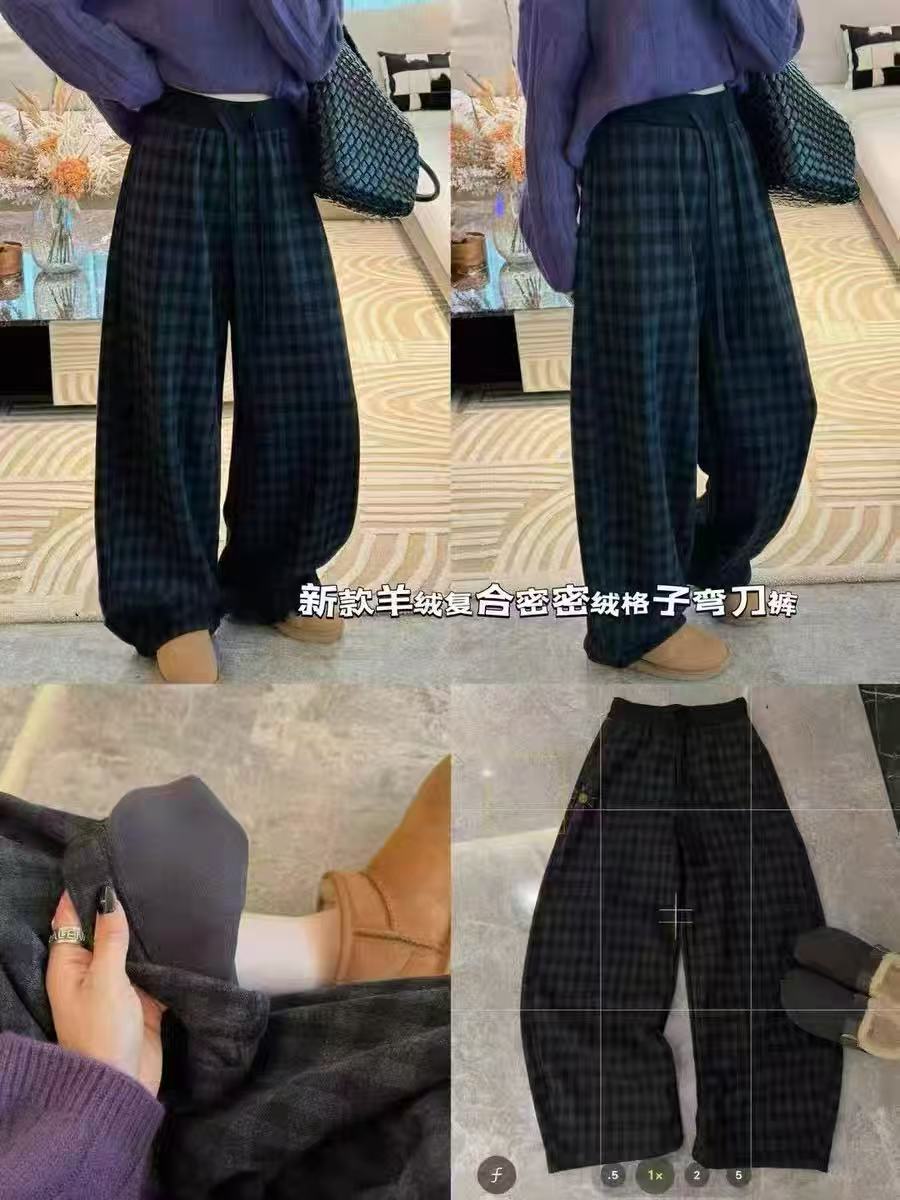 C5633  香香 羊毛密密绒格子裤弯刀裤  女