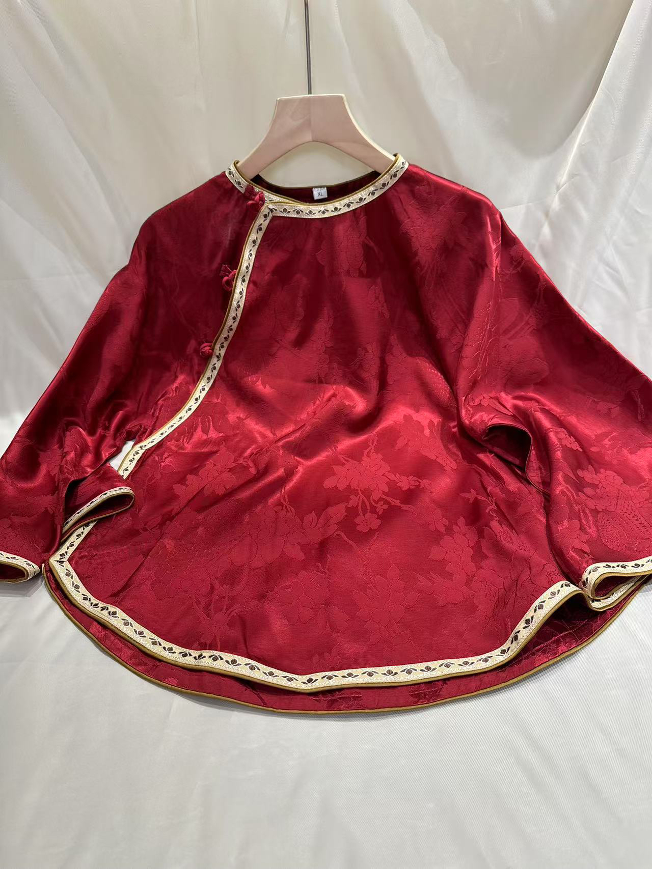 「气质」红色提花盘扣衬衫女春秋新款新中式国风圆领长袖上衣