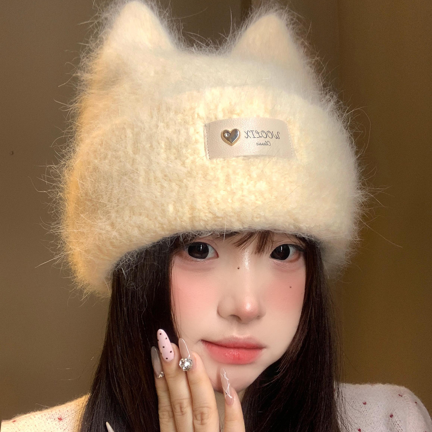 可爱猫耳朵毛绒兔毛针织帽子女冬季2025新款保暖加厚毛茸茸毛线帽