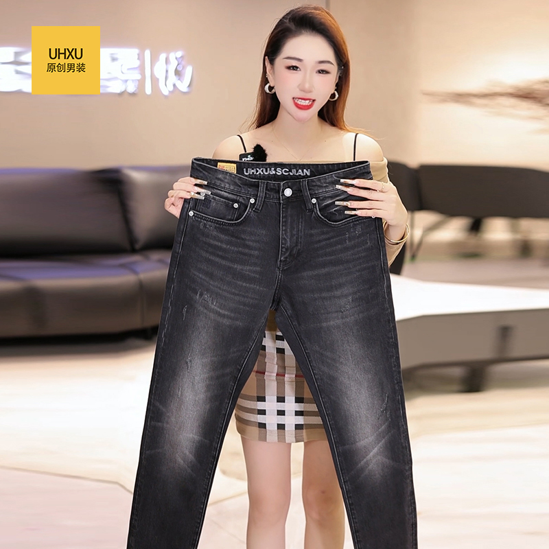 UHXU冬季新款美式复古高端牛仔裤男潮牌休闲百搭弹力修身直筒长裤