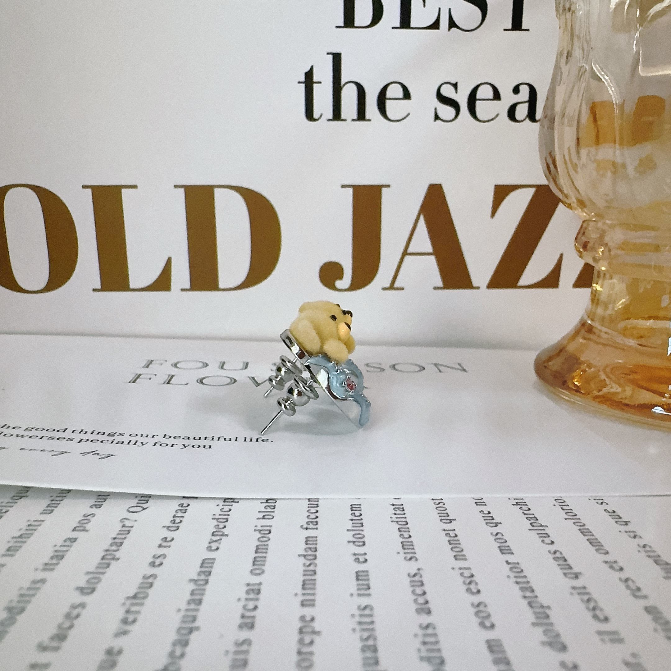 铜合金布艺耳饰 4303 蓝色甜甜圈小熊耳钉