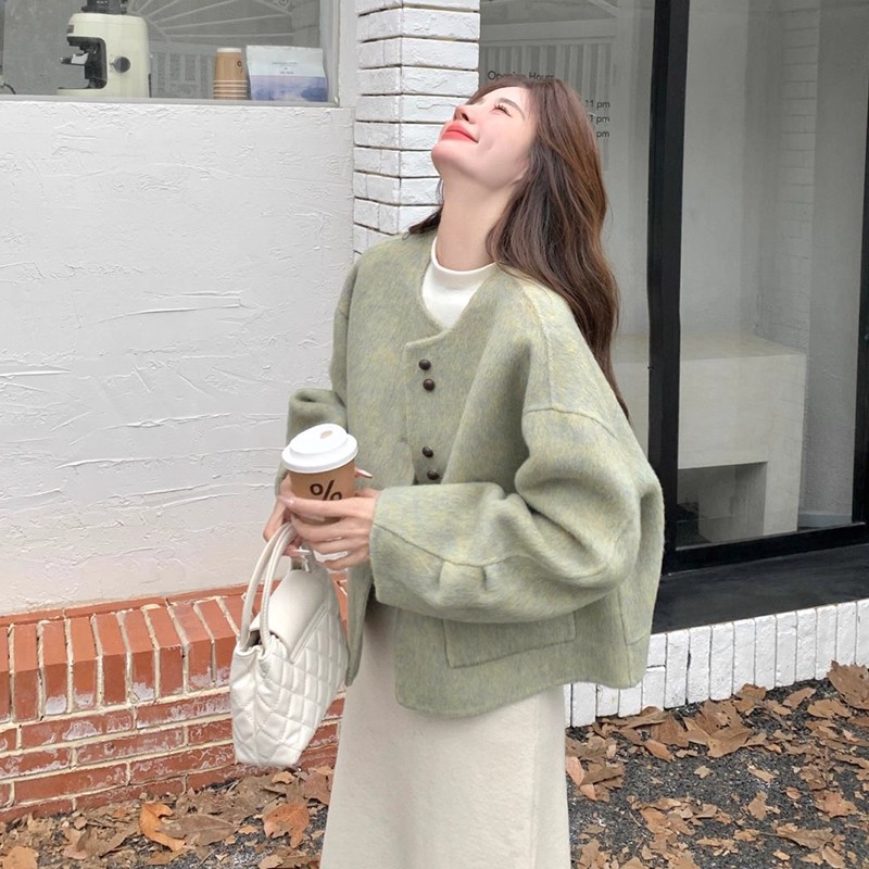 羊毛圆领小香风2025秋冬短款女拼接纯色韩版百搭双面毛呢外套