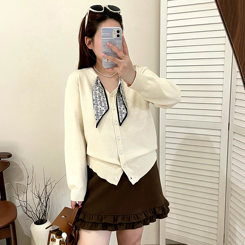 【涵胖胖】清*绑带丝巾上衣女气质外套2025秋胖mm宽松针织开衫23585