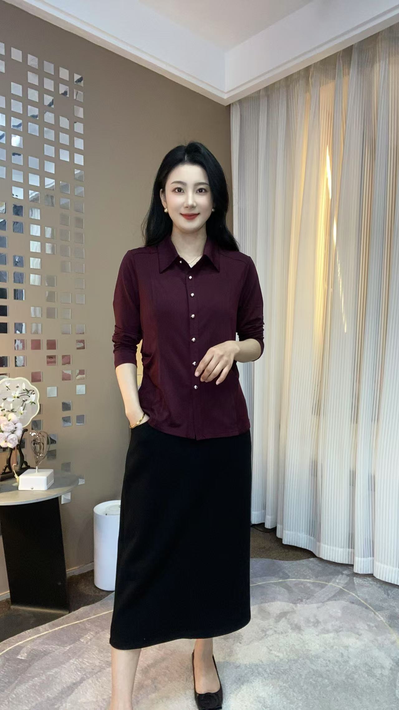 2025新款polo领纯色精品高定纽扣百搭气质时尚减龄显瘦长袖小衫