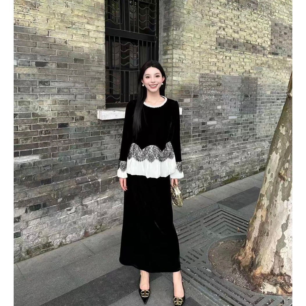 【现货】2025早秋新款洋气时尚百搭拼接蕾丝半身裙套装