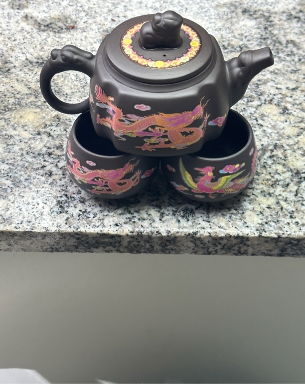 原矿紫砂四方龙凤壶一壶两杯