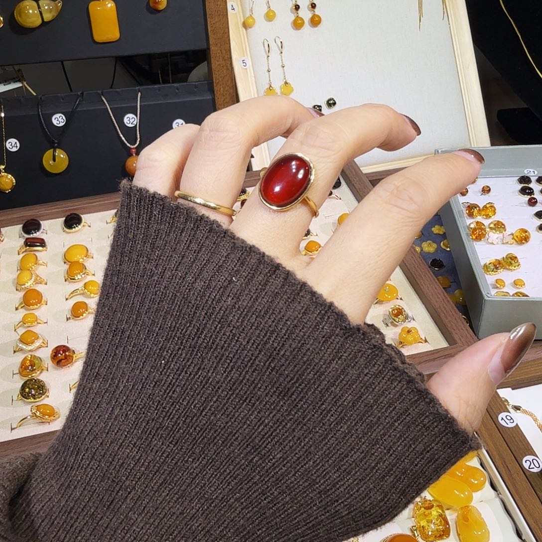 血珀银S925镀金镶嵌戒指