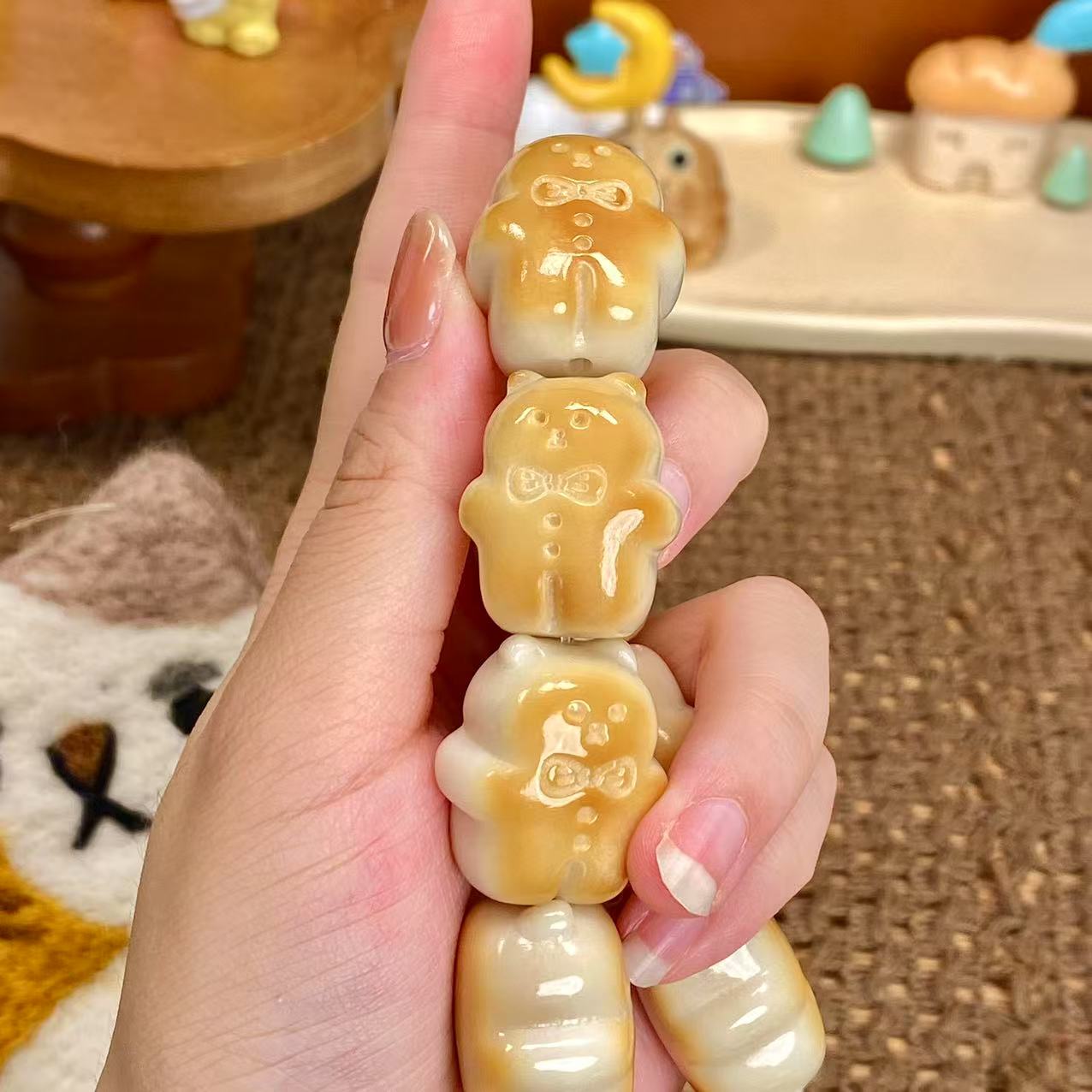 象牙果原果雕刻手工炭烤猫饼手串可爱少女配饰