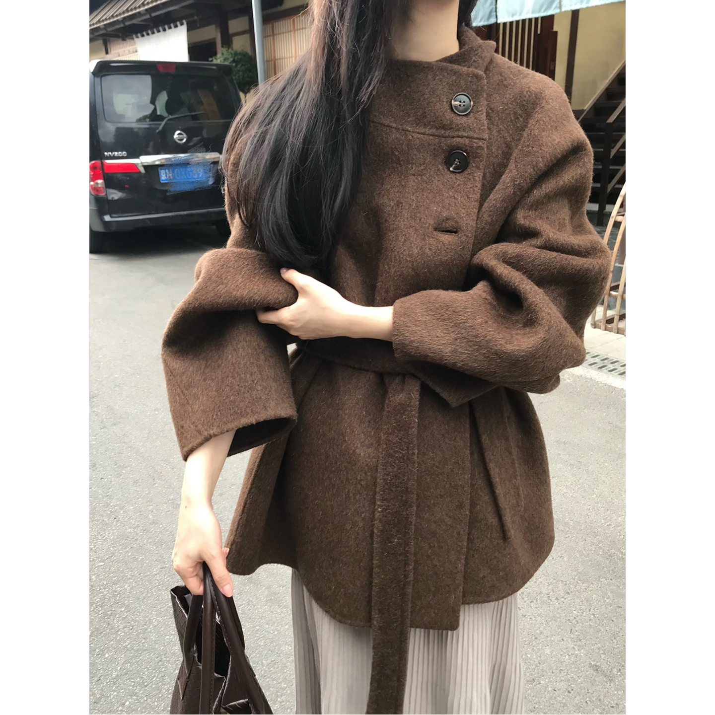 棕色短款高个子毛呢外套秋冬季高级感洋气双面绒呢子大衣港风收腰