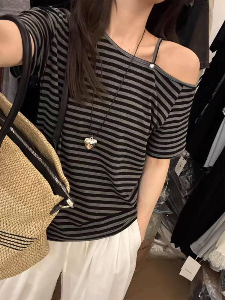 设计感小众露肩T恤女2025夏季新款短袖斜边修身显瘦休闲上衣885