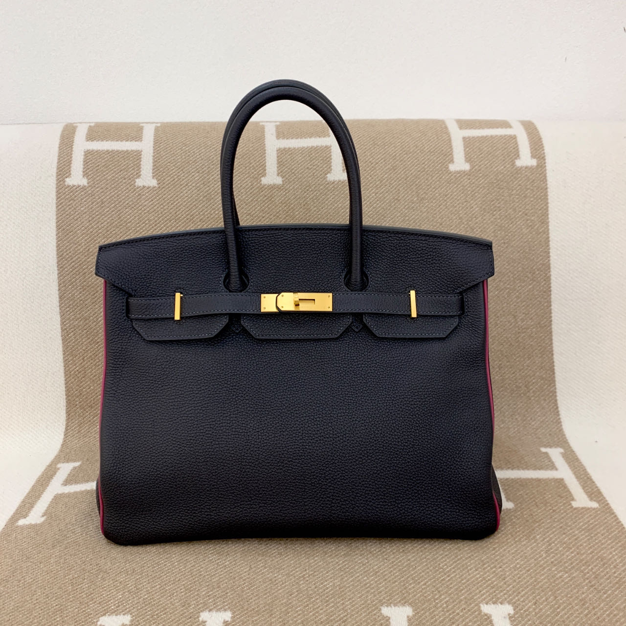99新 Hermes/爱马仕 birkin 35 框Q togo  午夜蓝玫瑰紫hm0525a1
