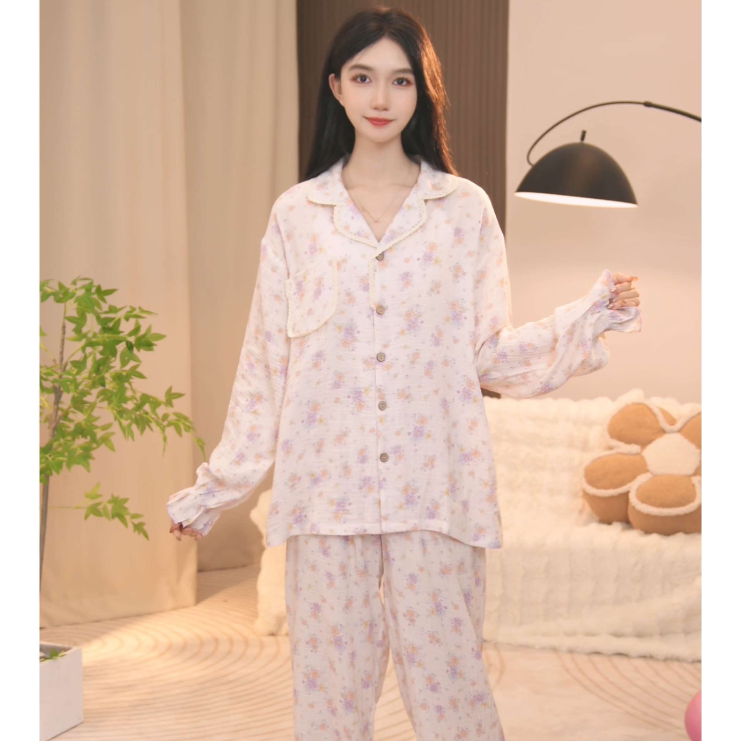 琪琪家2025新款春夏款时尚舒适睡衣女士套装可外穿家居服纯棉AQQ