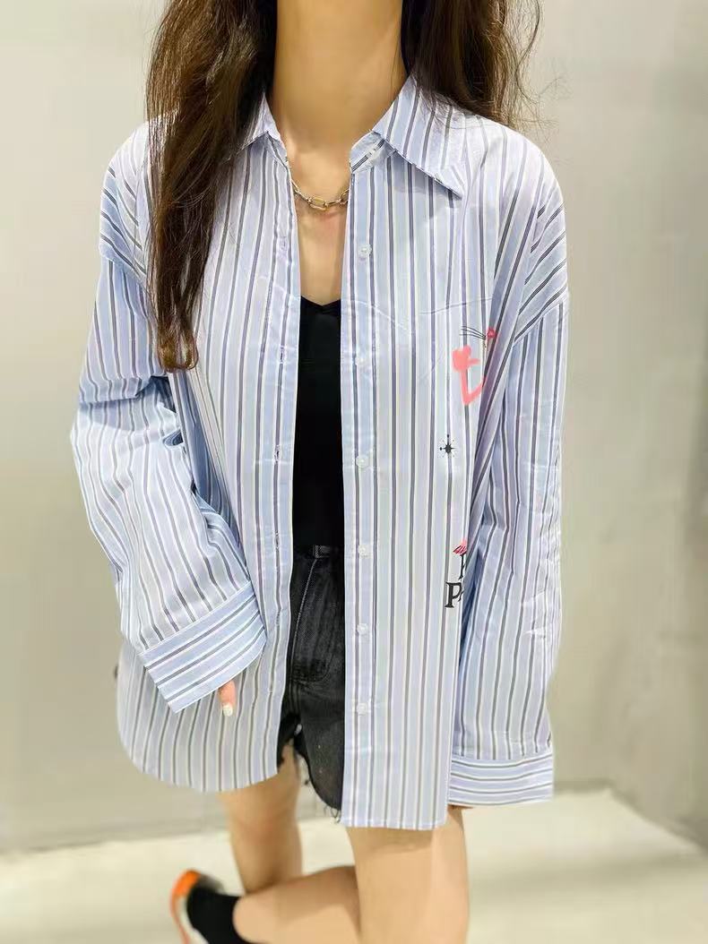 ADKhal原创正品2025粉红豹印花条纹长袖打底衬衫百搭宽松纯棉1001