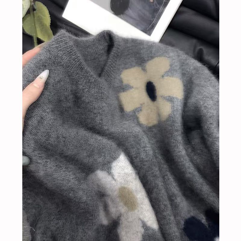 【YUNONG】花朵浅灰色 100拉绒羊毛/羊绒针织高货冬季毛衣百搭宽松1