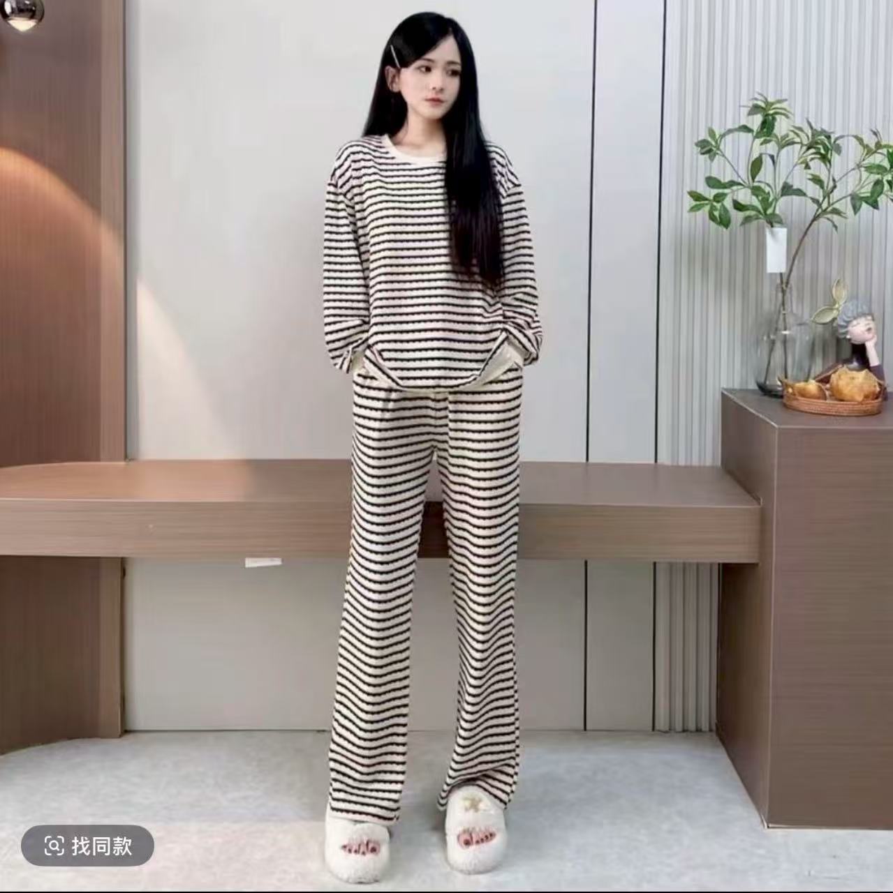 带胸垫睡衣女棉宽松秋季新款长袖长裤休闲可家居套装时尚条纹