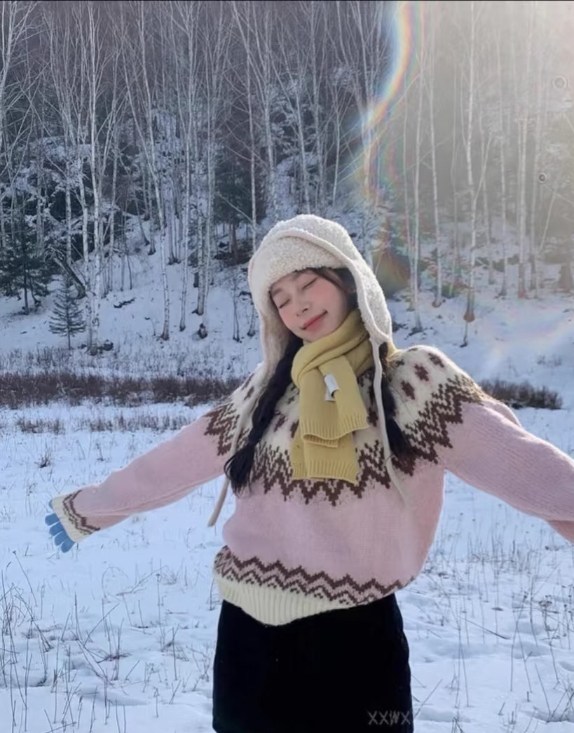 NINE9韩国女装费尔岛粉色毛衣