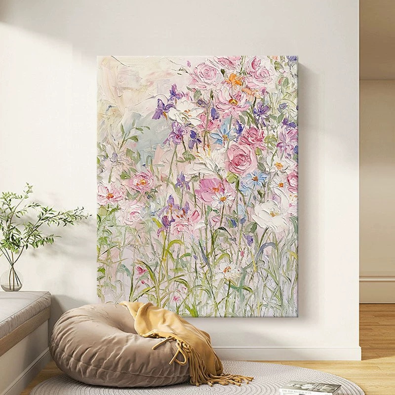 抽象奶油风彩色花卉手绘油画大幅玄关法式客厅肌理感装饰画