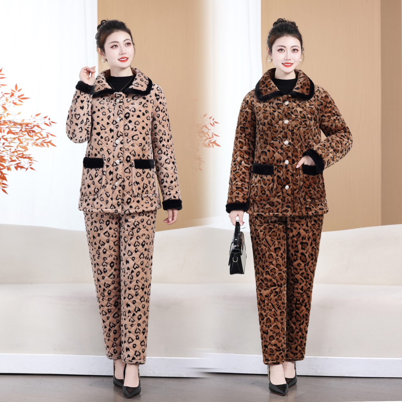 妈妈装豹纹翻领冬季三层夹棉加绒加厚保暖女士家居服睡衣套装外穿