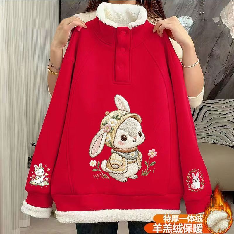 2025新款女童秋冬季保暖羊羔绒喜气时尚超厚防寒百搭立领年服卫衣