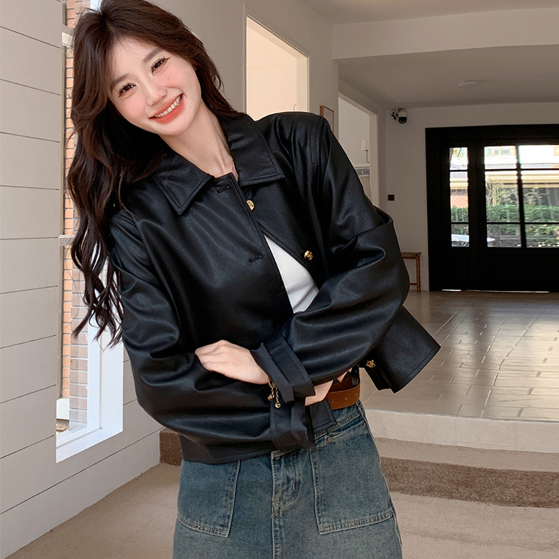 lhp皮衣外套复古口袋短款时尚修身型薄款显瘦黑色翻领长袖休闲