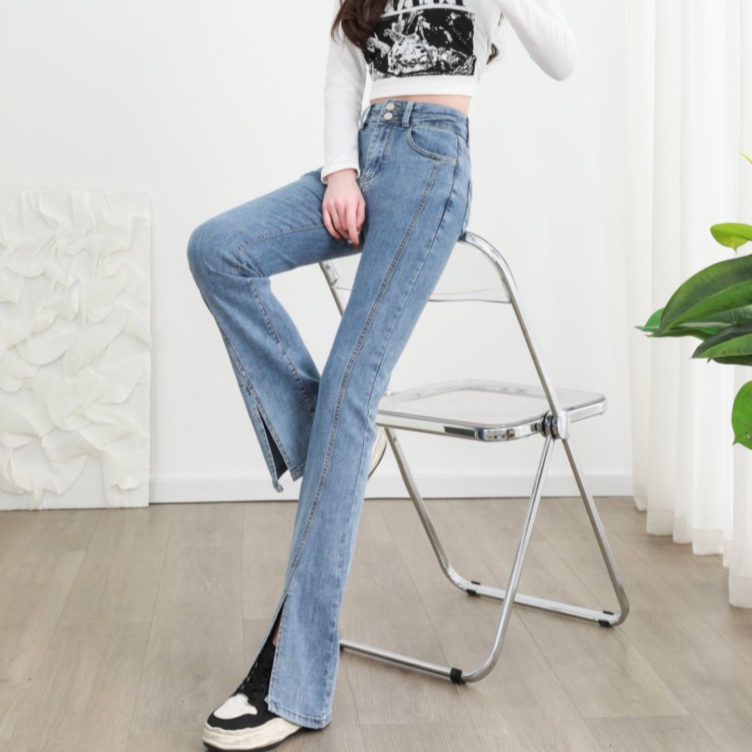 加长喇叭牛仔裤高腰弹力显瘦高个子新款微喇喇叭裤胖妹妹超长版