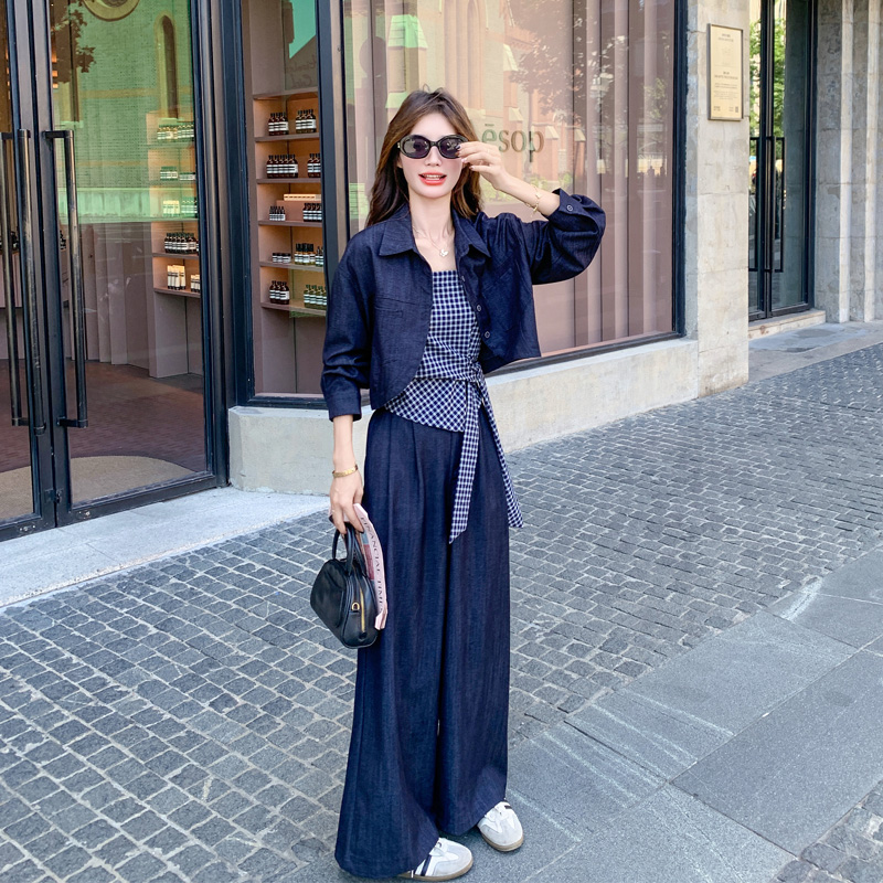 复古港风牛仔衬衫格纹吊带长裤2025春秋新款气质显瘦松弛感三件套