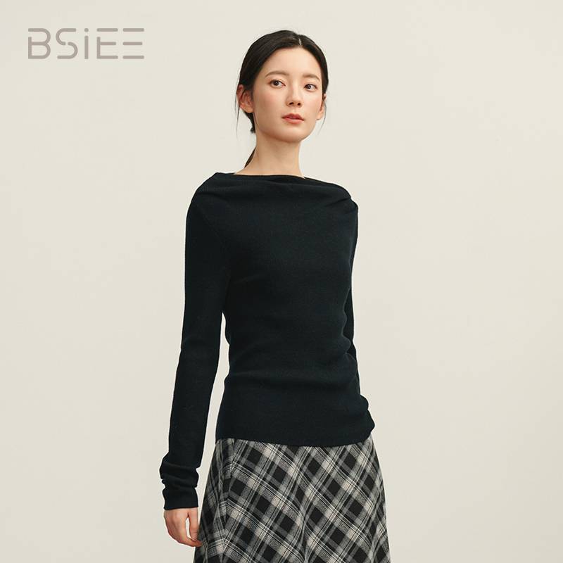 BSIEE本涩长袖针织衫时尚女装打底衫圆领一字肩百搭保暖F0629Y03