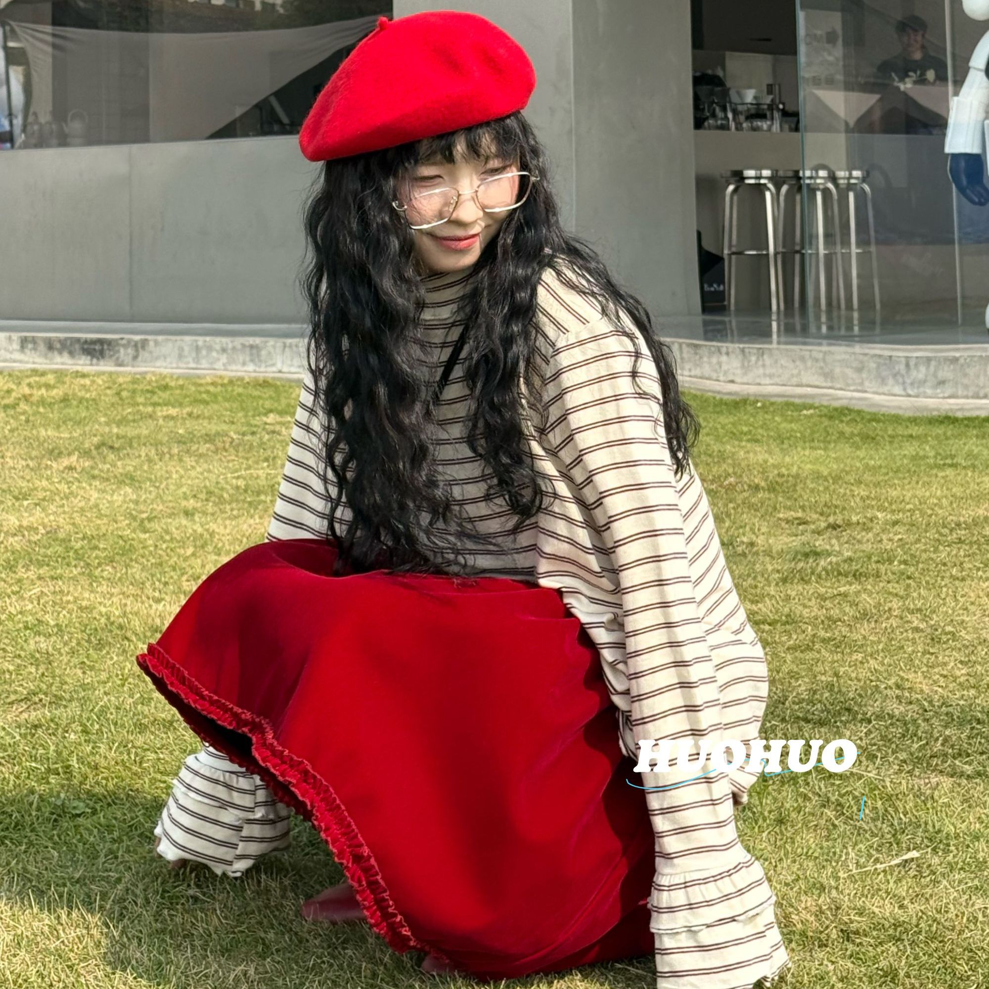 火火【莓果花层】新款条纹弹力T恤女宽松花边设计款上衣洋气显瘦ins