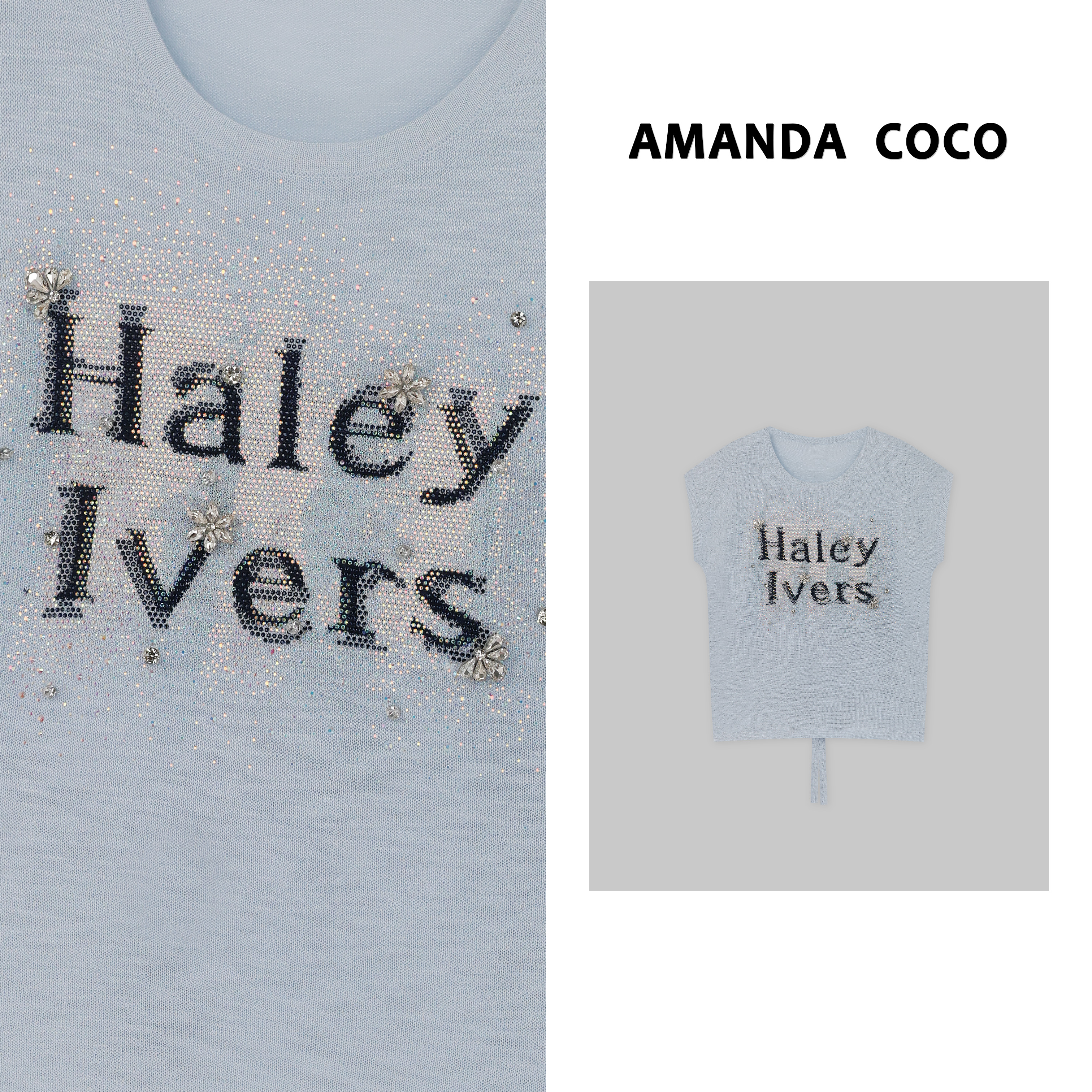 LULU# 夏日风尚～夏季薄款烫钻字母刺绣显瘦绑带小飞袖针织衫