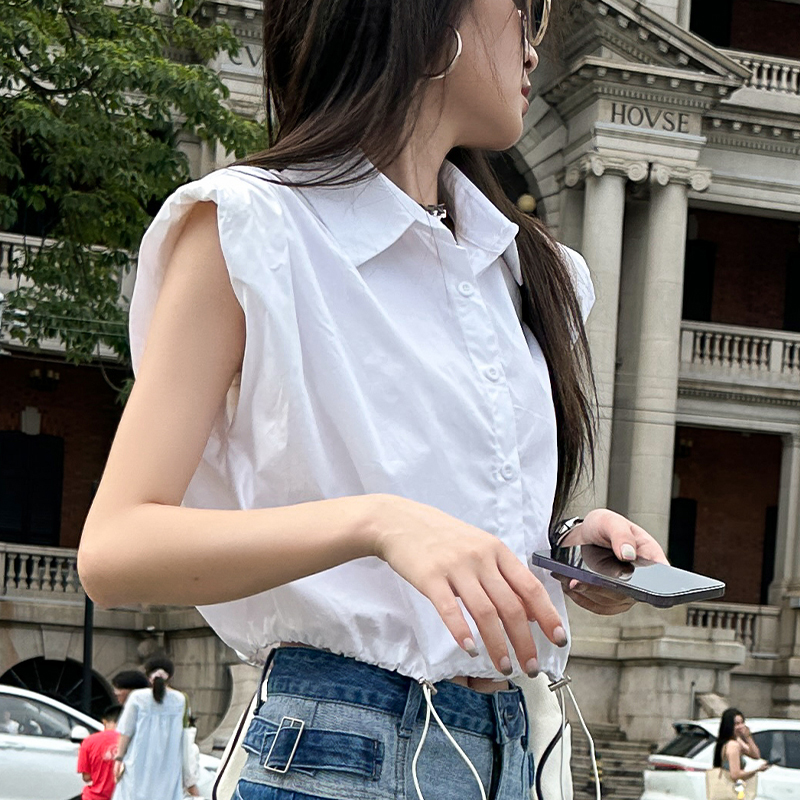 艾格白色衬衫女夏款无袖垫肩衬衣抽绳高腰洋气百搭法式高级感上衣