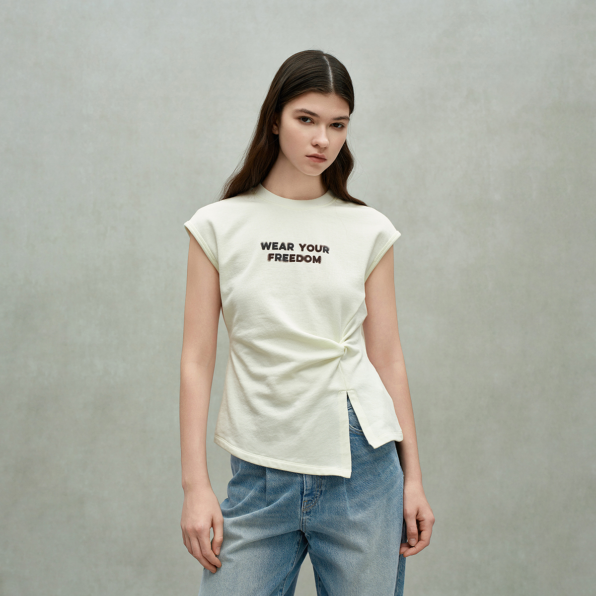 6401[赵老板专属]欧时力100%长绒棉小飞袖t恤上衣设计感扭结25夏