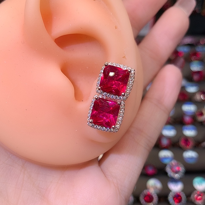 红宝石耳饰银S925镶嵌8