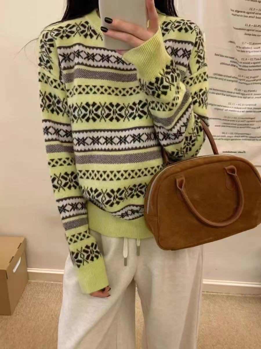 欧洲站新款欧货菲尔岛复古撞色软糯针织衫毛衣8233