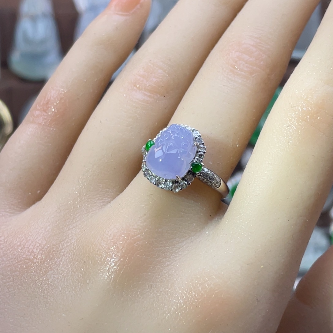 翡翠戒指18K金镶嵌冰种紫罗兰貔貅