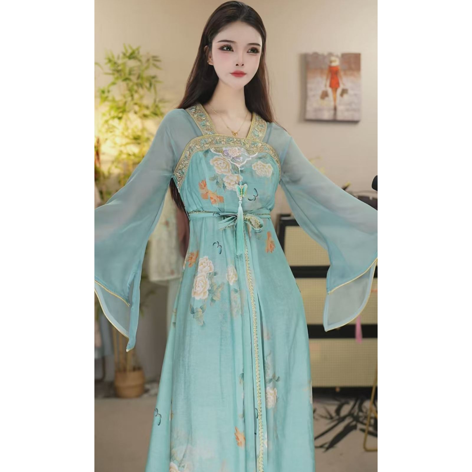 花无雪2025春季新款中国风飘逸日常青色长款连衣裙1497