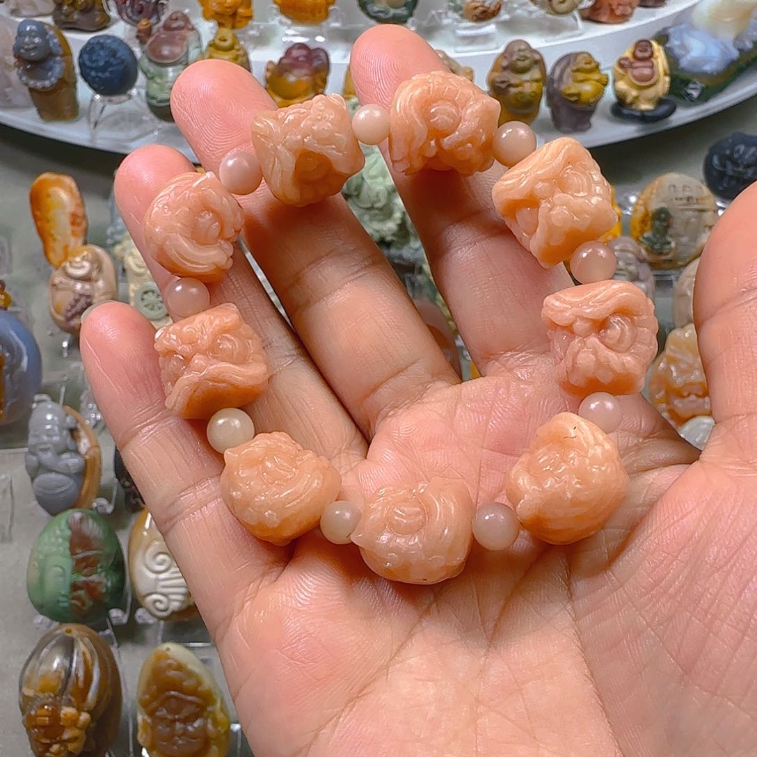 石英质玉手串未镶嵌天然阿拉善彩玉醒狮头手串