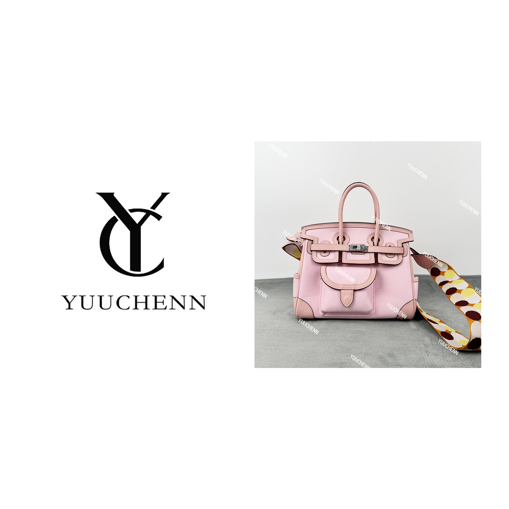 YUUCHENN/swift皮 拼亚麻布限量粉25cmHH6240