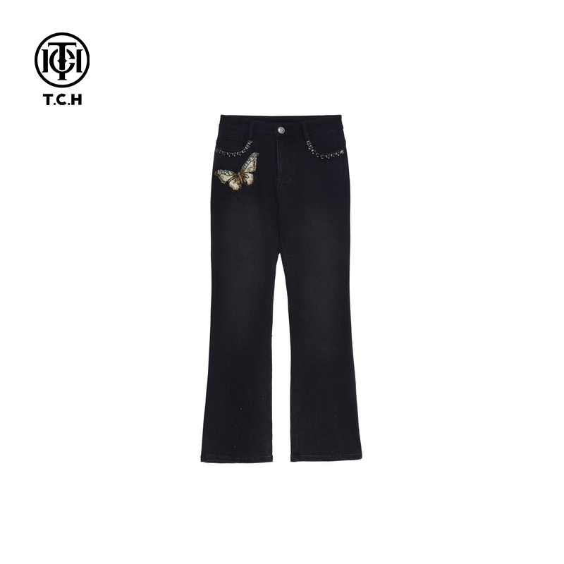 轻奢-TCH 2024秋冬新款潮牌蝴蝶烫钻黑色休闲牛仔裤T72C208042