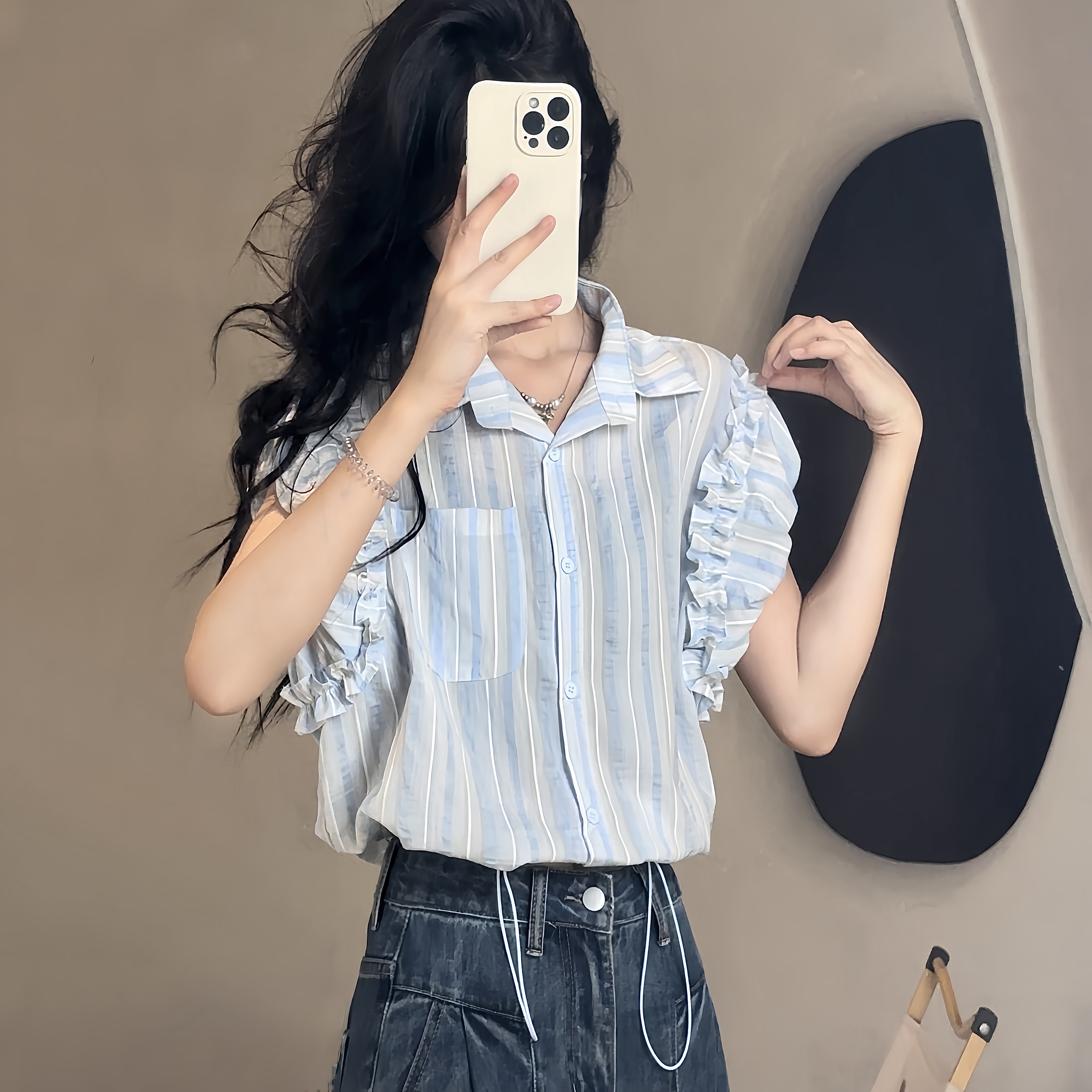 7534竖条纹polo领短袖衬衫女新款夏季时尚设计感百搭抽绳上衣Z