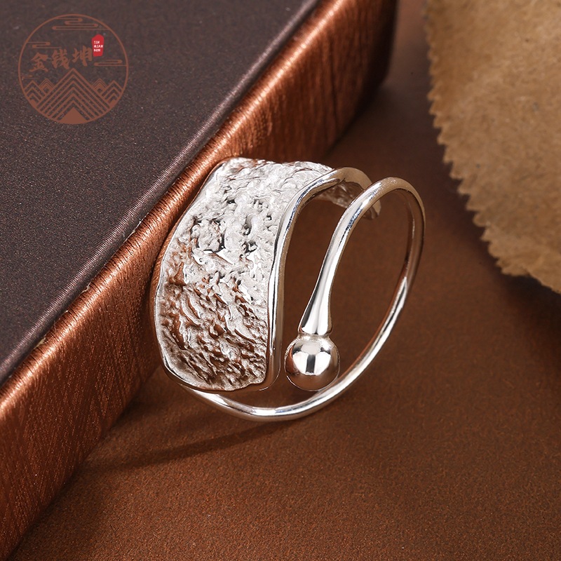 925银戒指 不规则肌理几何线条戒指女时尚简约设计复古开口