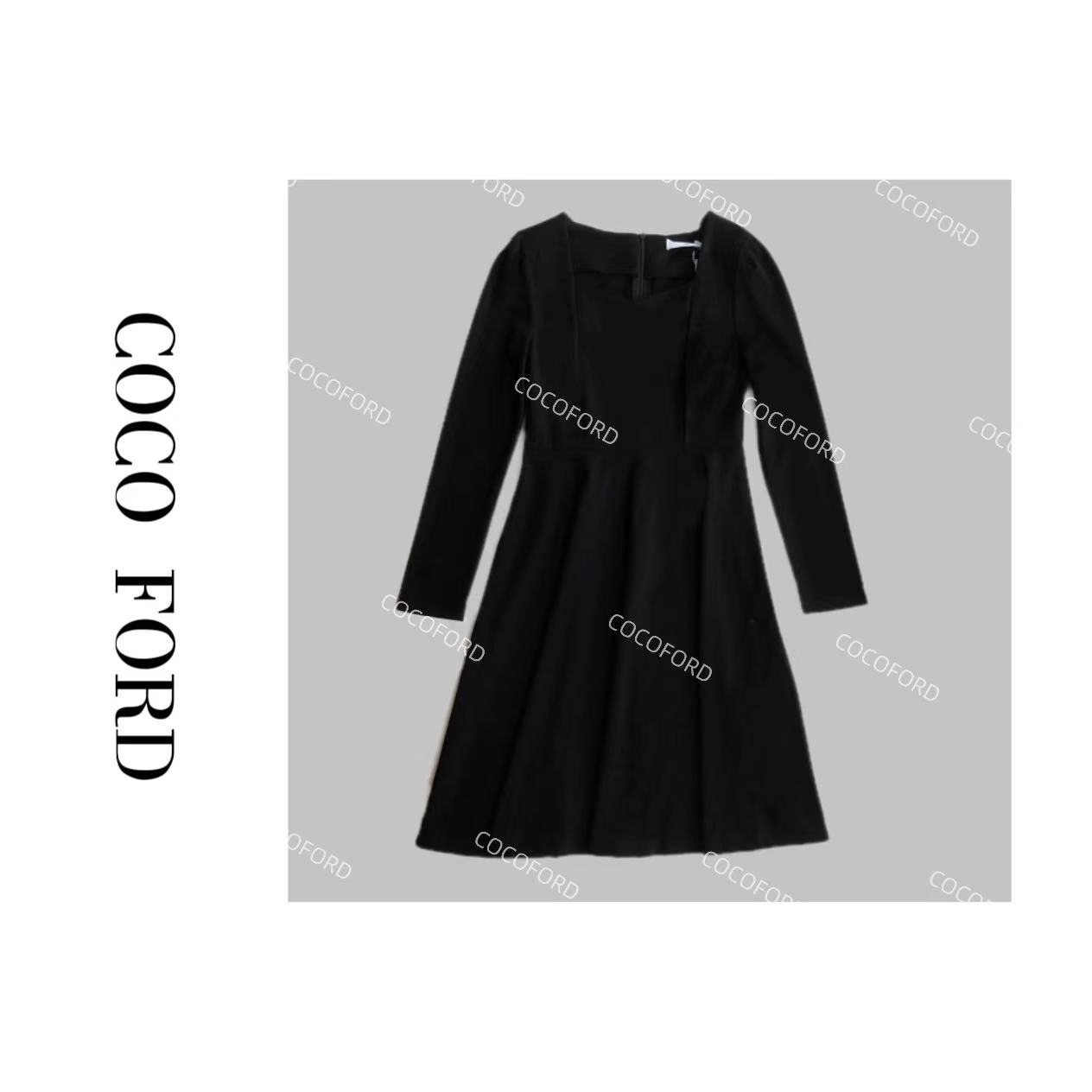 【COCO FORD】V领春夏季方领轻奢简约风复古长袖针织连衣裙G25002