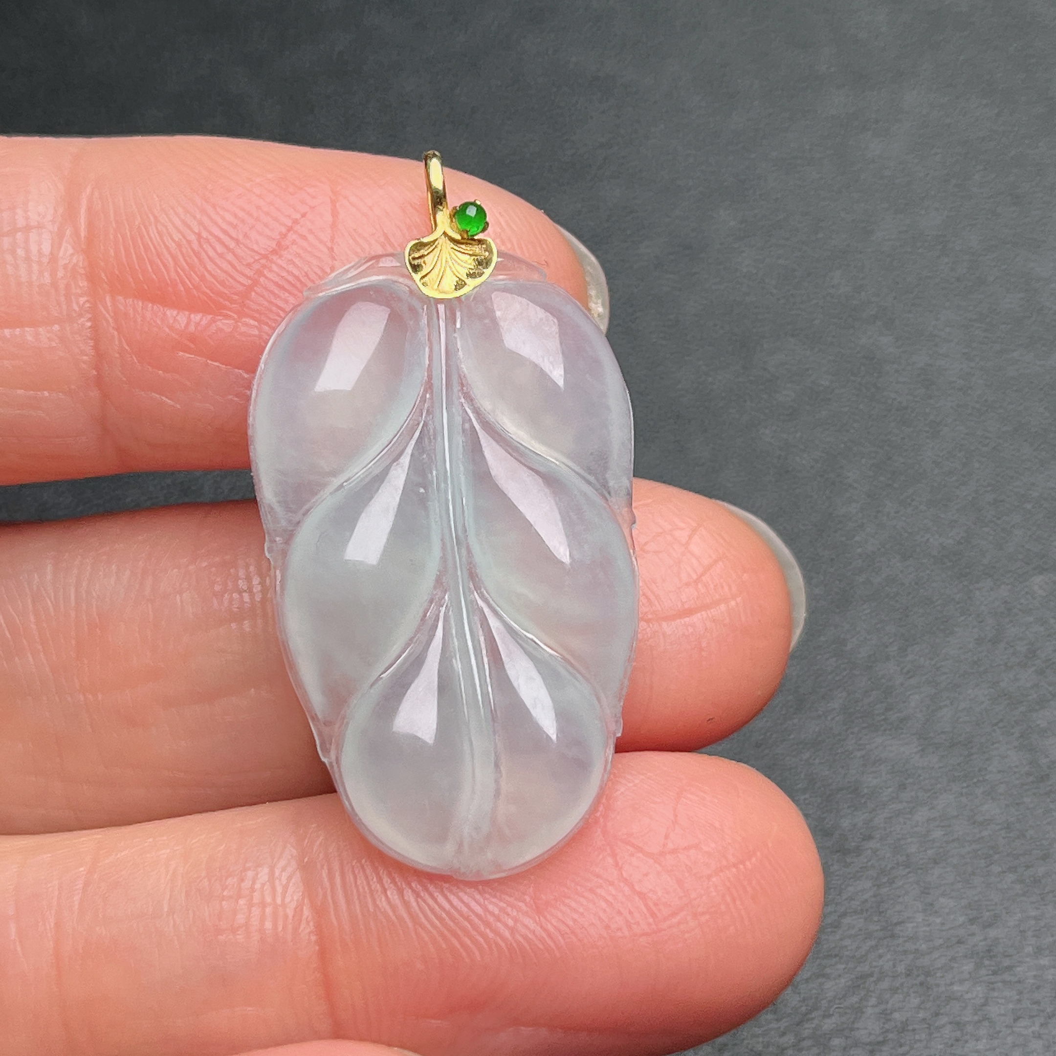 仁仁淘珠宝天然翡翠A货18k金扣冰种叶子吊坠挂件首饰