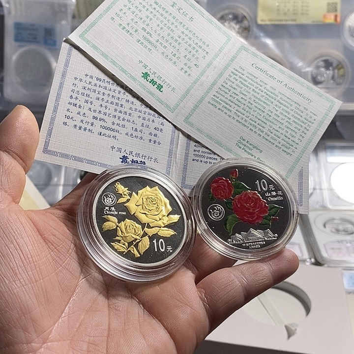 纯银微瑕带原盒证99年昆明园艺彩银套币如图